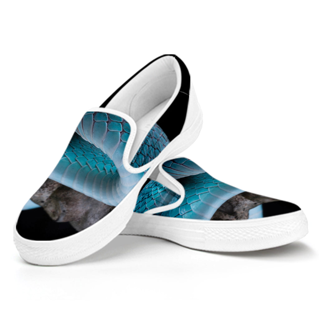 Blue Pit Viper Snake Print White Slip On Shoes