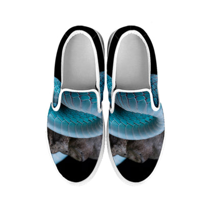 Blue Pit Viper Snake Print White Slip On Shoes