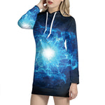 Blue Plasma Energy Print Pullover Hoodie Dress