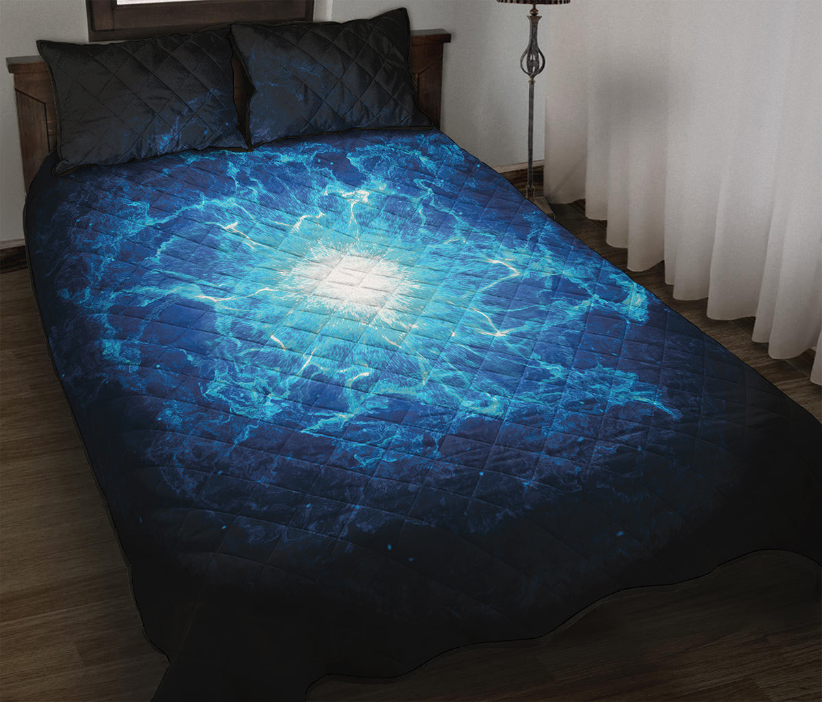Blue Plasma Energy Print Quilt Bed Set