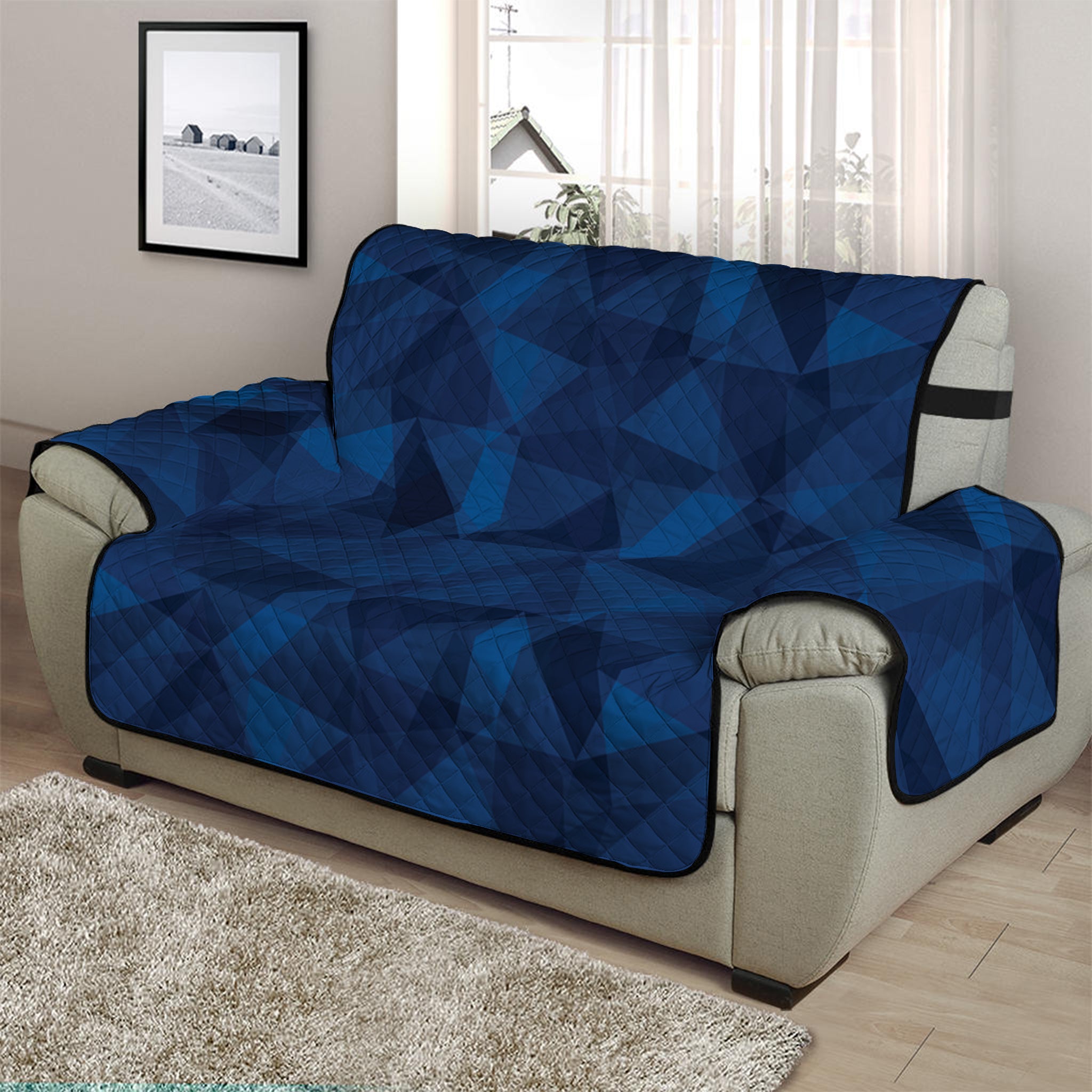 Blue Polygonal Geometric Print Half Sofa Protector