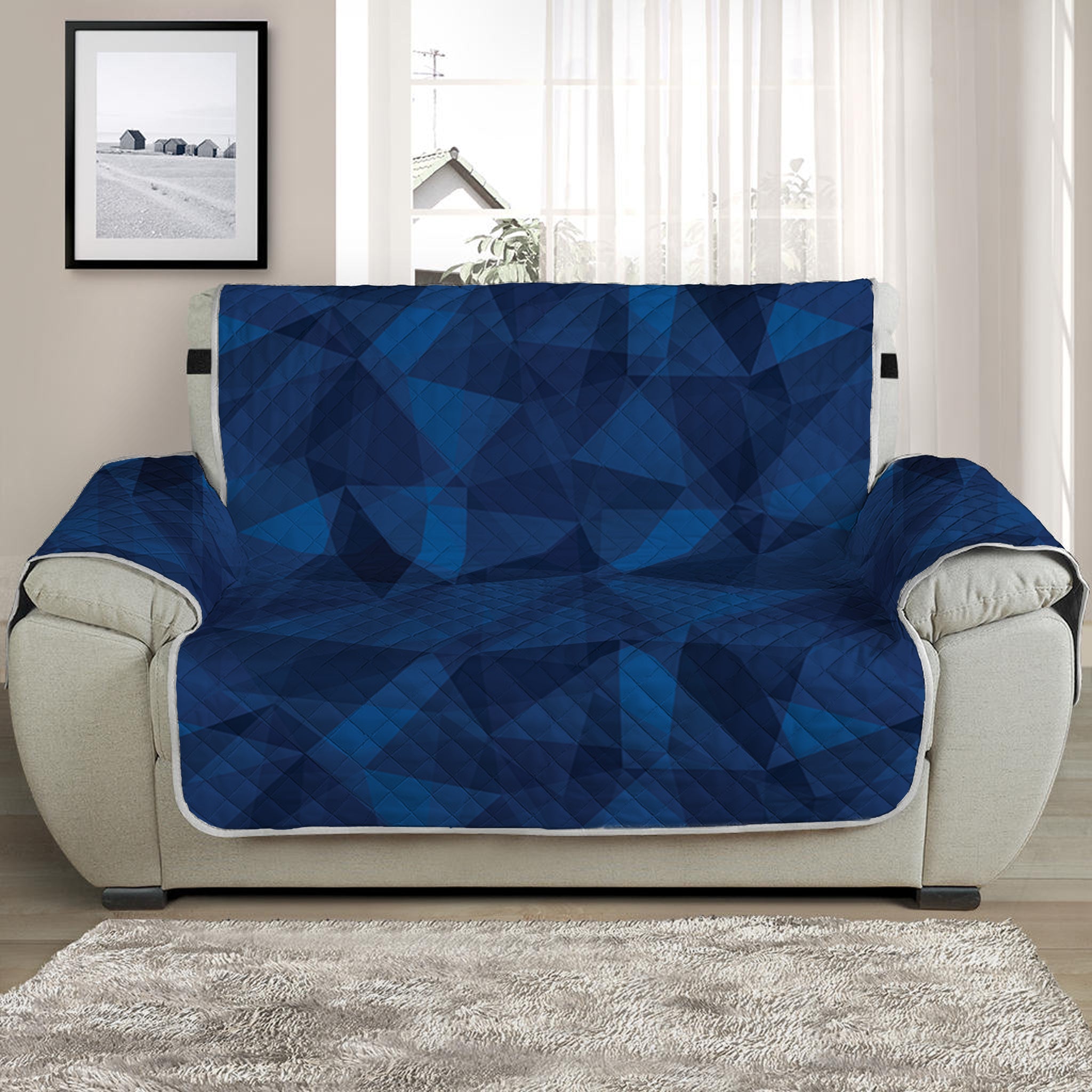 Blue Polygonal Geometric Print Half Sofa Protector