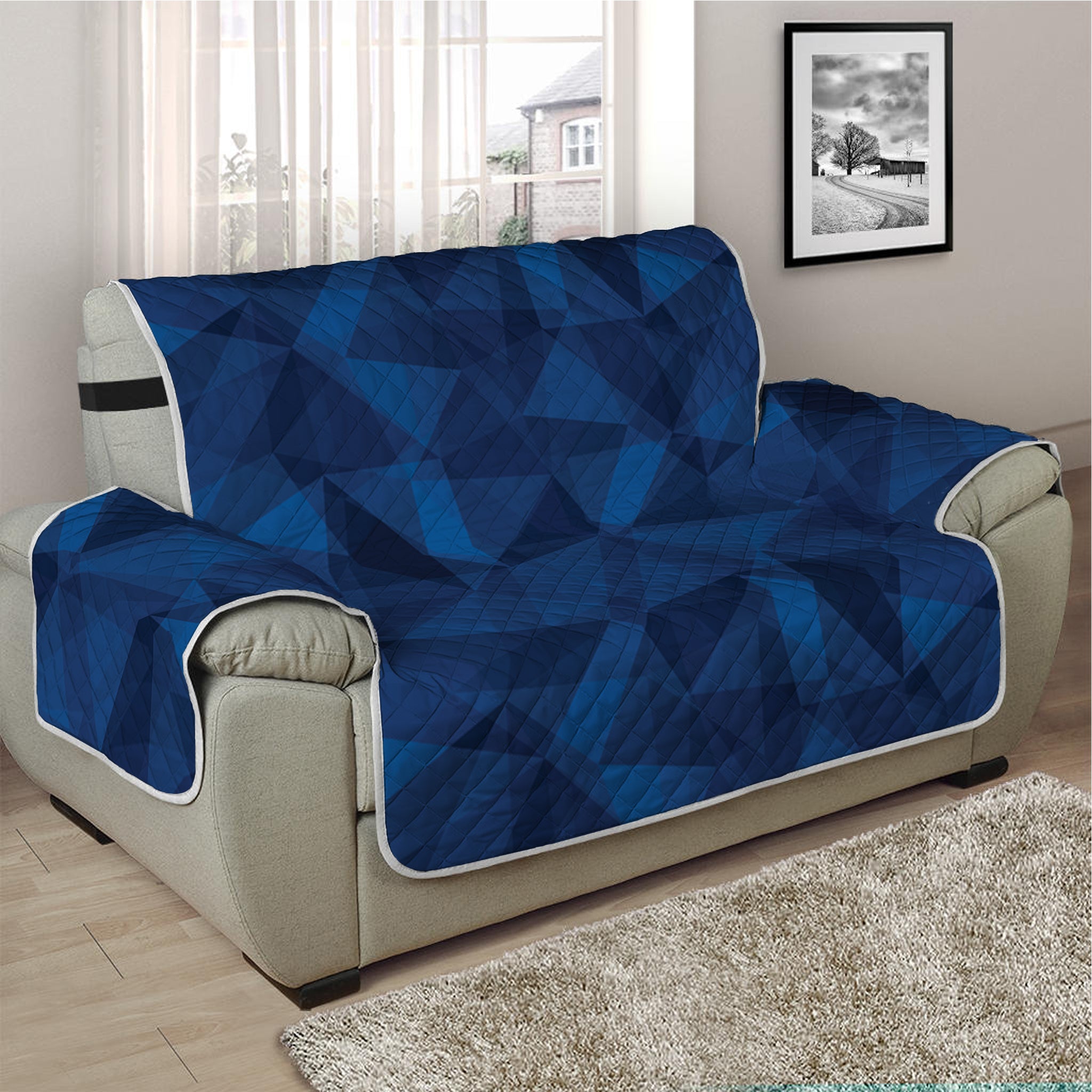 Blue Polygonal Geometric Print Half Sofa Protector