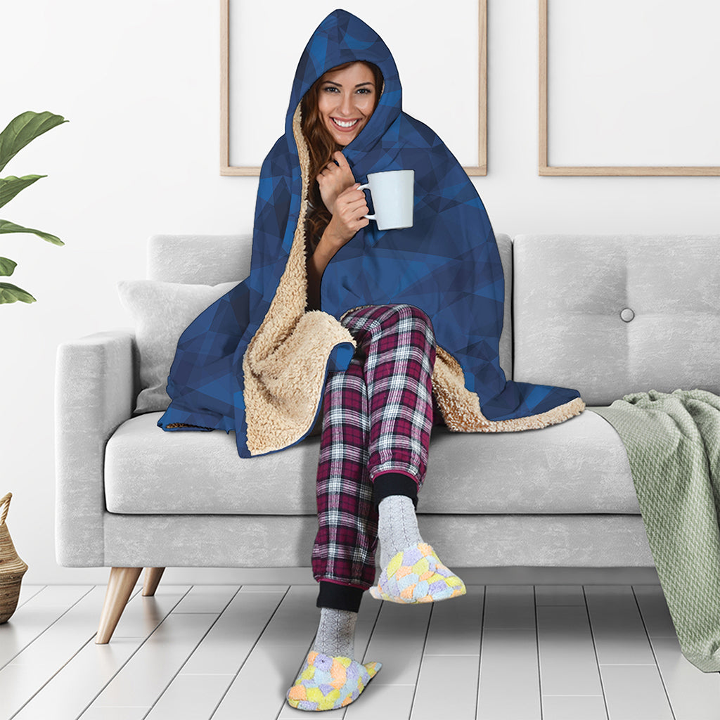 Blue Polygonal Geometric Print Hooded Blanket