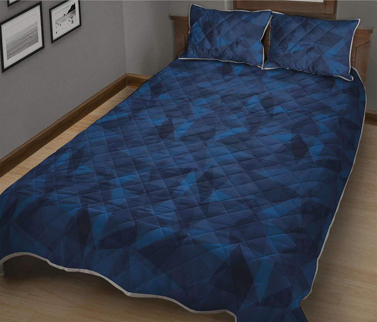 Blue Polygonal Geometric Print Quilt Bed Set