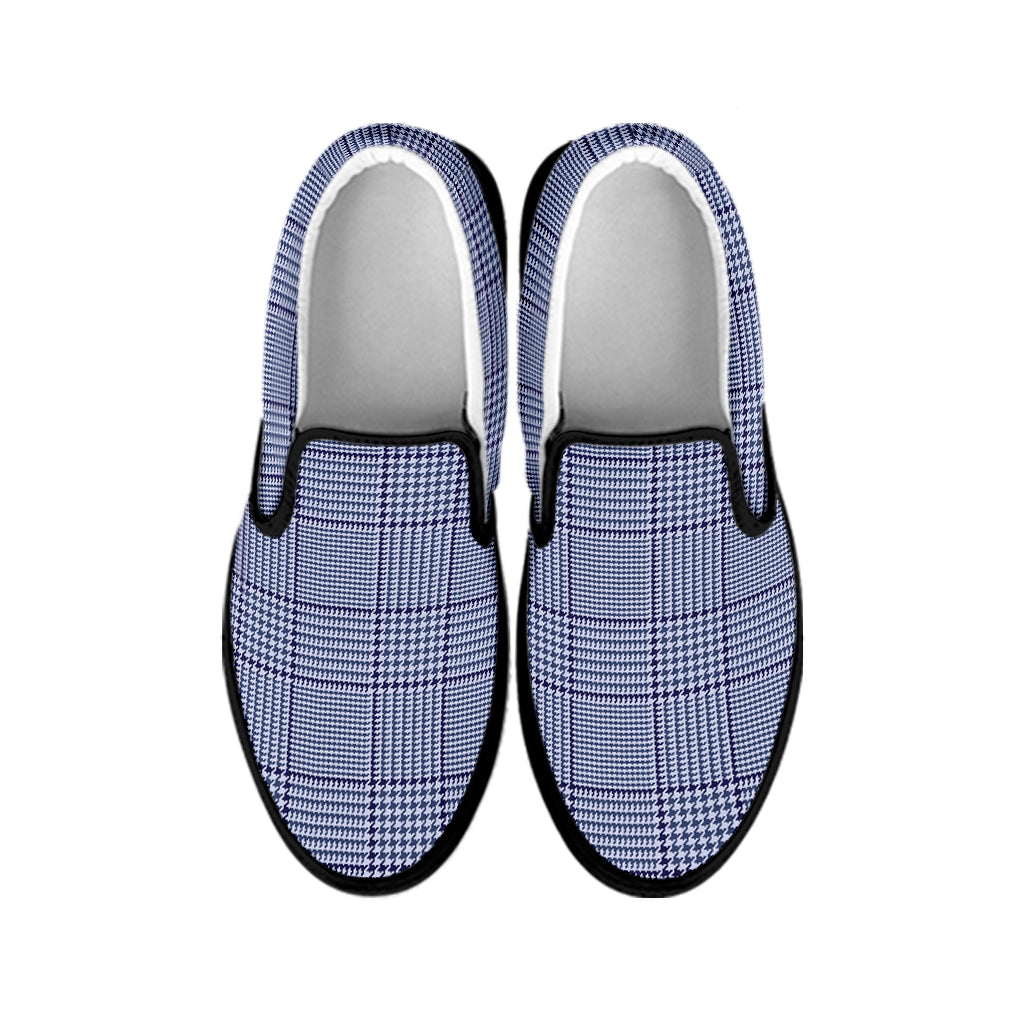 Blue Prince of Wales Check Print Black Slip On Shoes