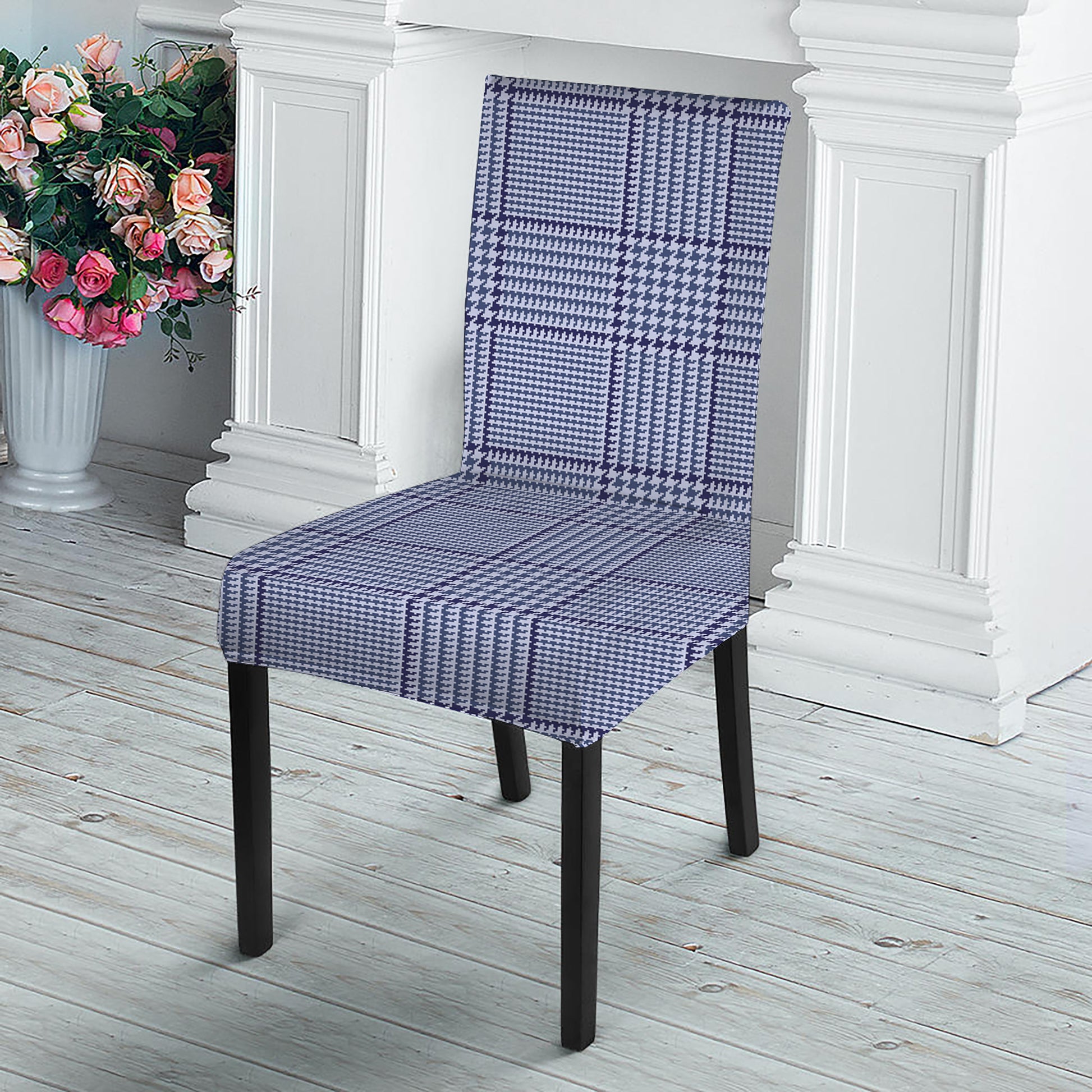 Blue Prince of Wales Check Print Dining Chair Slipcover