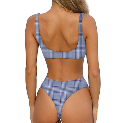 Blue Prince of Wales Check Print Front Bow Tie Bikini