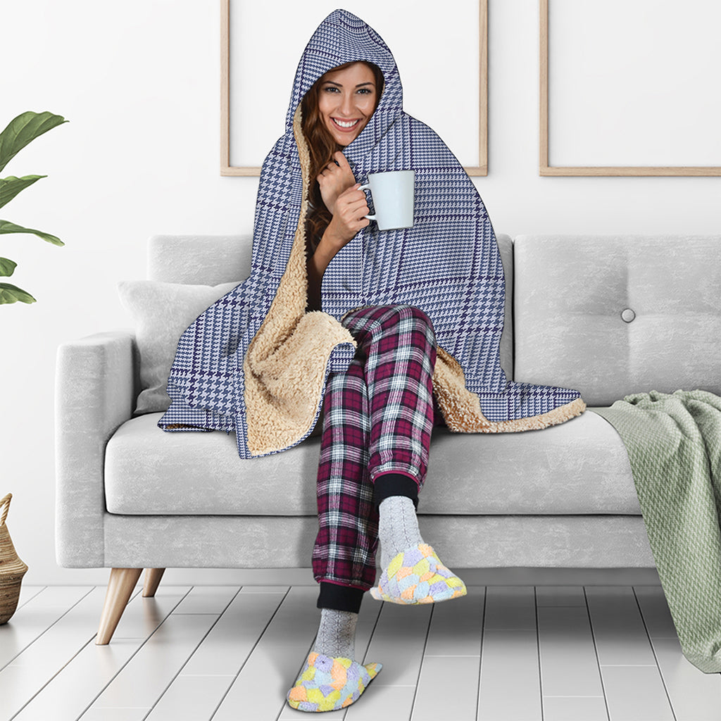 Blue Prince of Wales Check Print Hooded Blanket