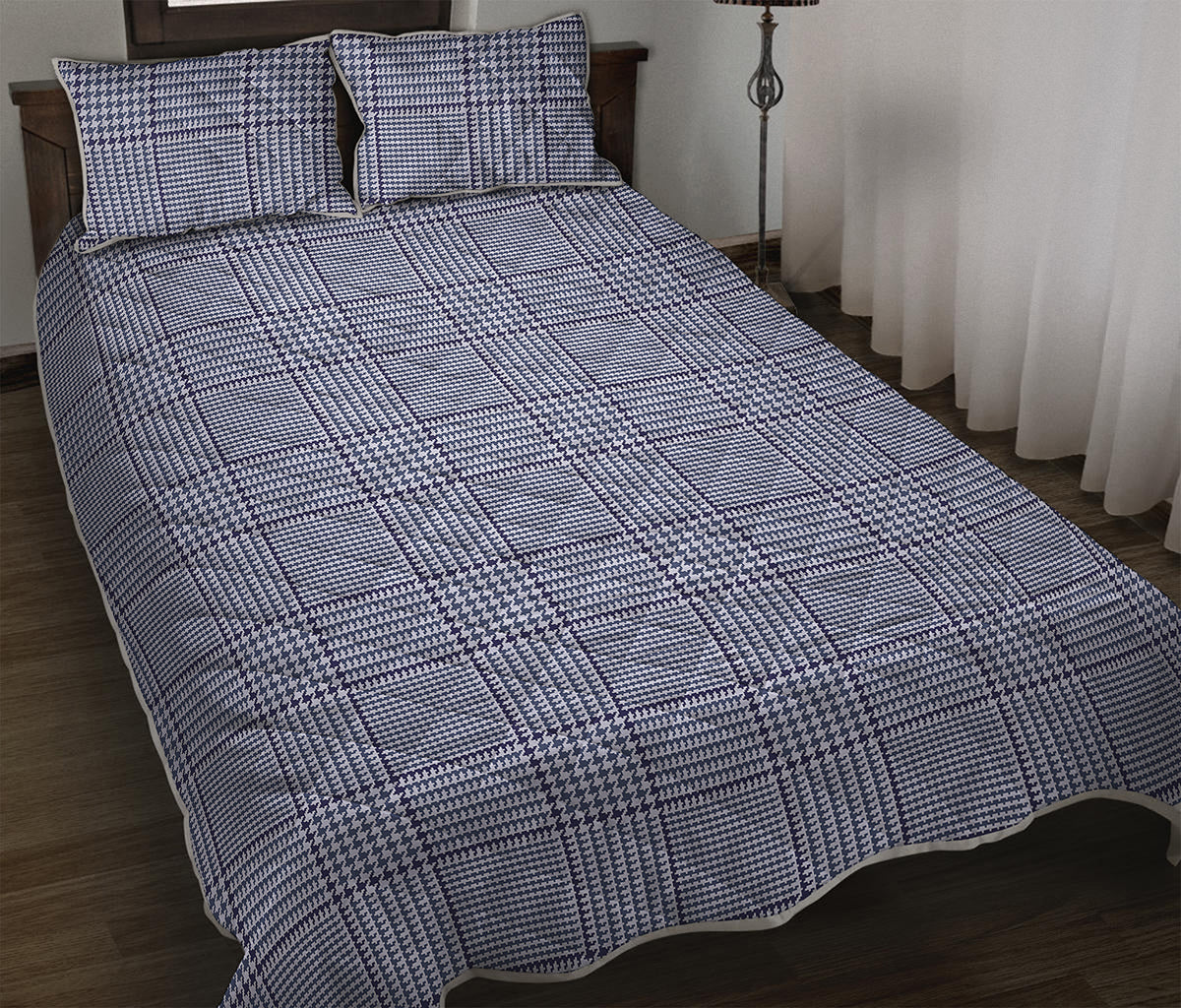 Blue Prince of Wales Check Print Quilt Bed Set