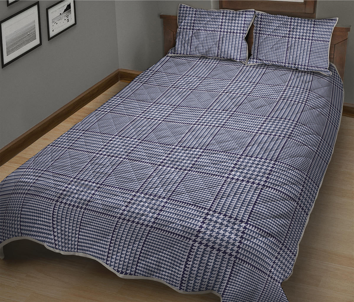 Blue Prince of Wales Check Print Quilt Bed Set