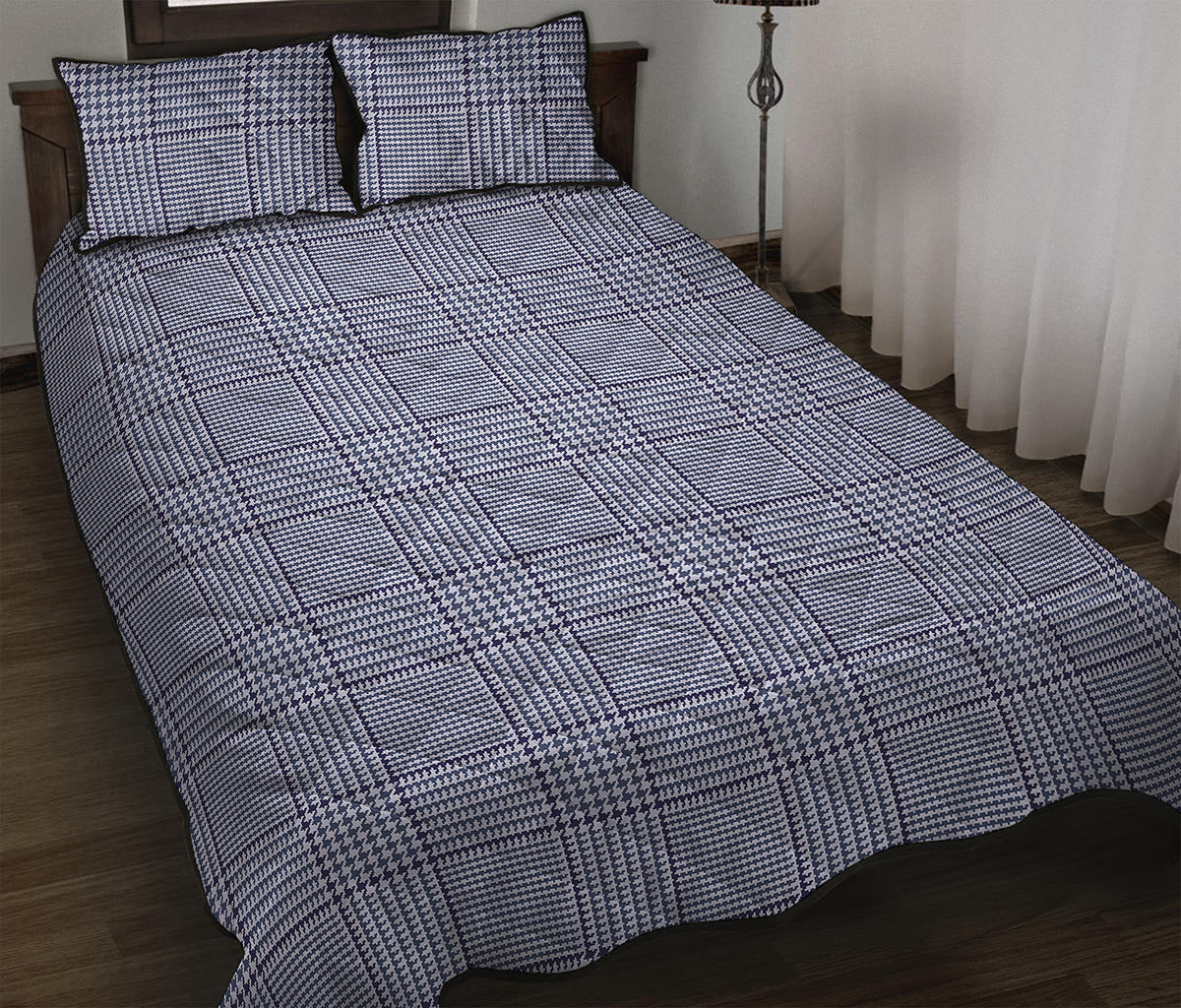 Blue Prince of Wales Check Print Quilt Bed Set