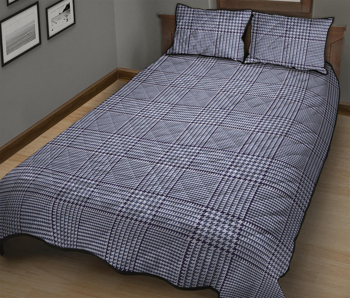 Blue Prince of Wales Check Print Quilt Bed Set