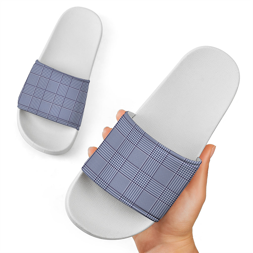 Blue Prince of Wales Check Print White Slide Sandals