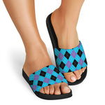 Blue Purple And Black Argyle Print Black Slide Sandals