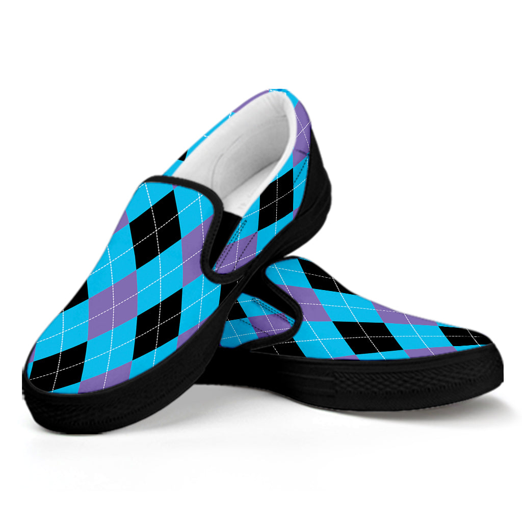 Blue Purple And Black Argyle Print Black Slip On Shoes
