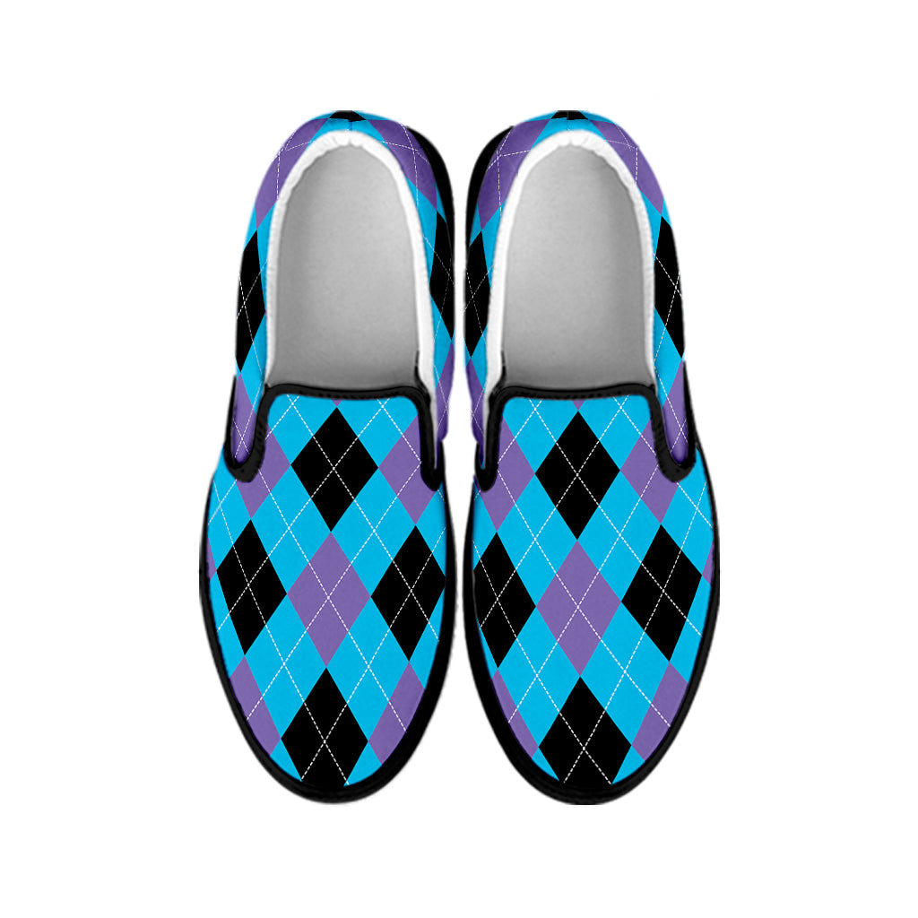 Blue Purple And Black Argyle Print Black Slip On Shoes