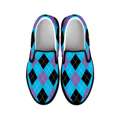 Blue Purple And Black Argyle Print Black Slip On Shoes