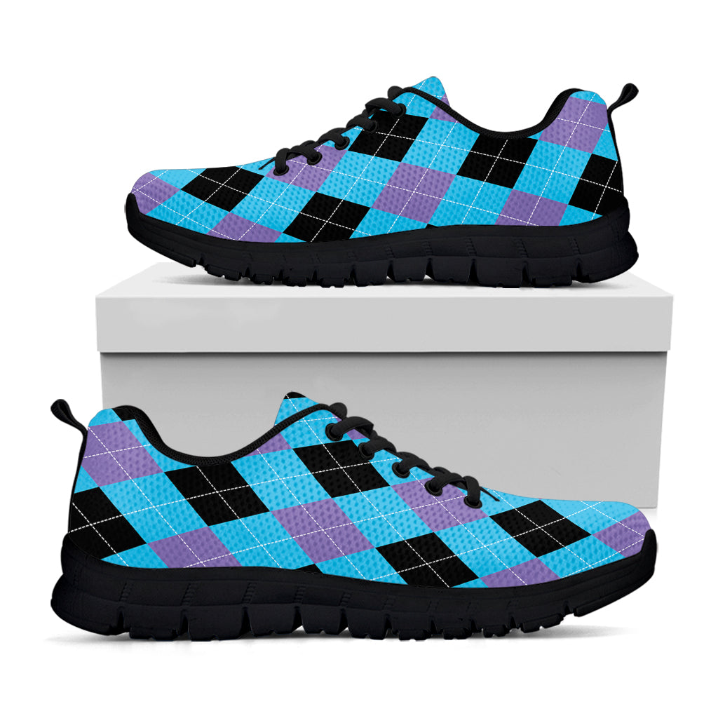 Blue Purple And Black Argyle Print Black Sneakers