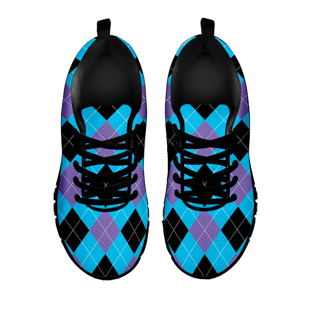 Blue Purple And Black Argyle Print Black Sneakers