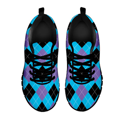 Blue Purple And Black Argyle Print Black Sneakers