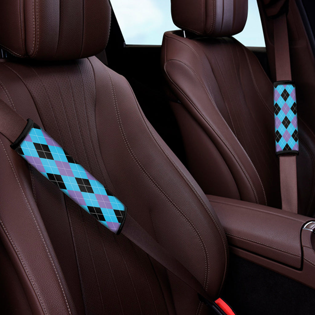 Blue Purple And Black Argyle Print Car Seat Belt Covers