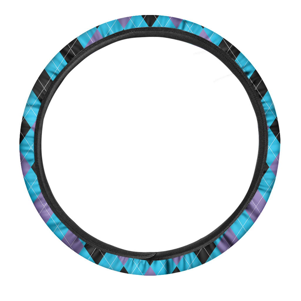 Blue Purple And Black Argyle Print Car Steering Wheel Cover