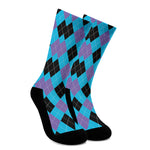 Blue Purple And Black Argyle Print Crew Socks