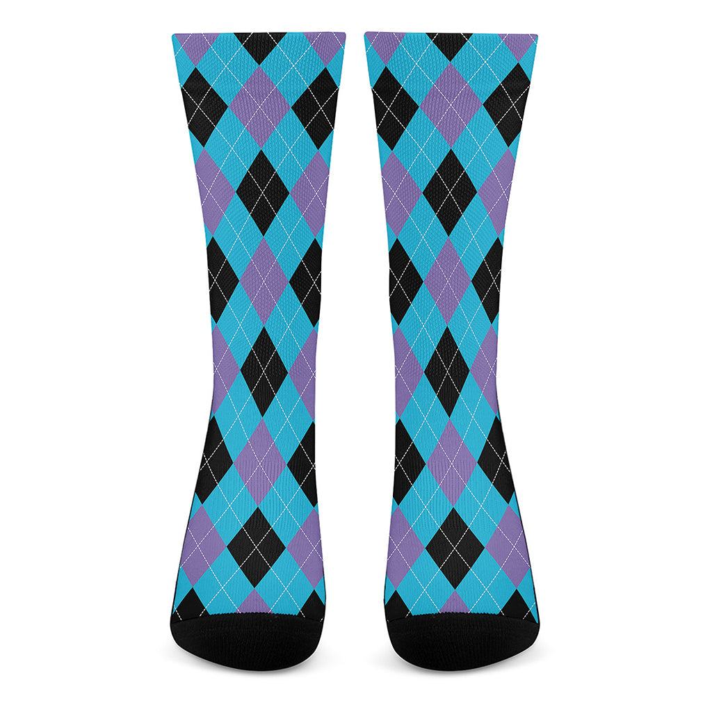 Blue Purple And Black Argyle Print Crew Socks