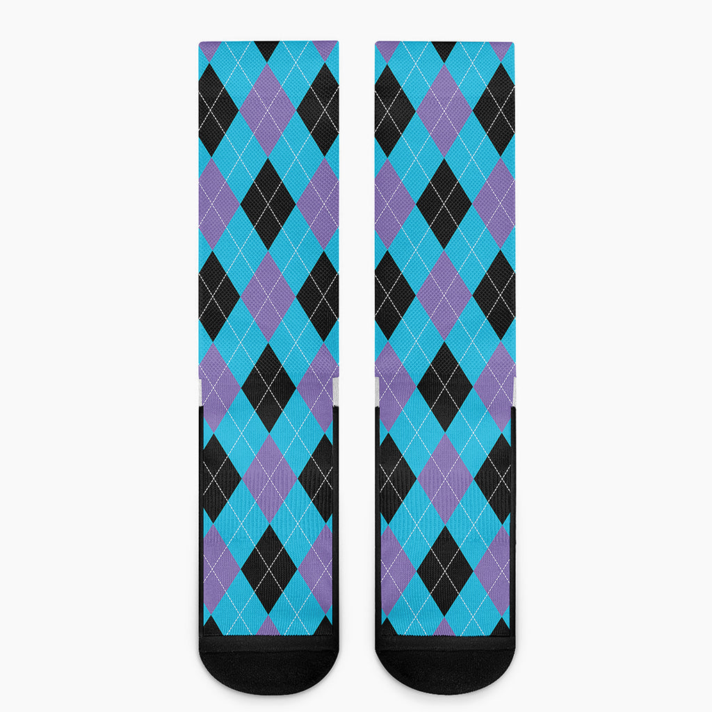 Blue Purple And Black Argyle Print Crew Socks