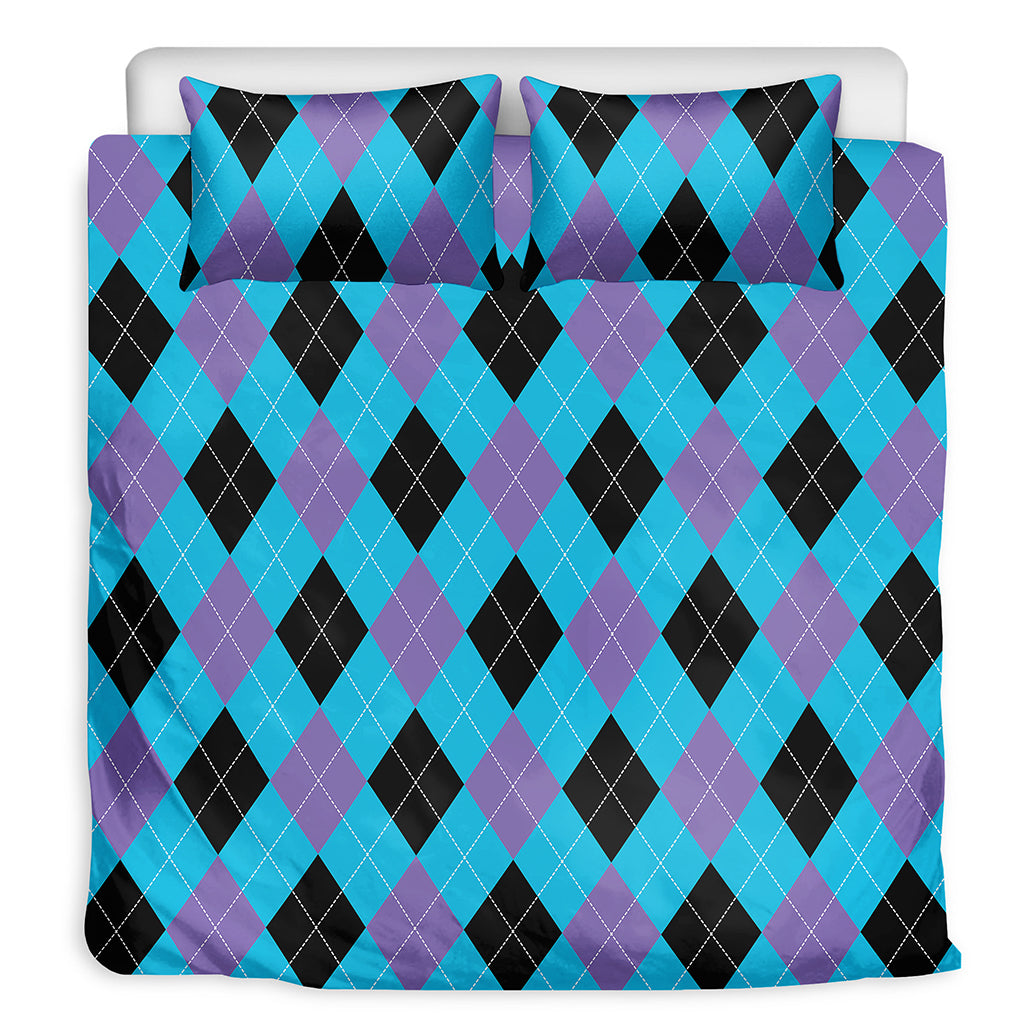 Blue Purple And Black Argyle Print Duvet Cover Bedding Set