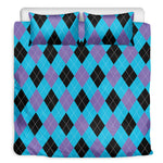 Blue Purple And Black Argyle Print Duvet Cover Bedding Set