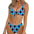 Blue Purple And Black Argyle Print Front Bow Tie Bikini