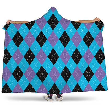 Blue Purple And Black Argyle Print Hooded Blanket