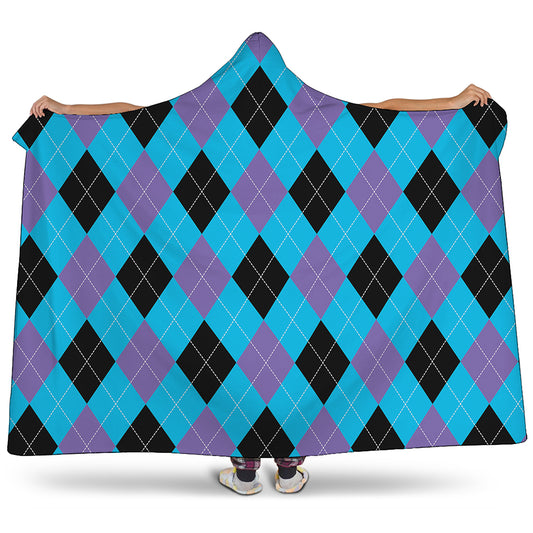Blue Purple And Black Argyle Print Hooded Blanket