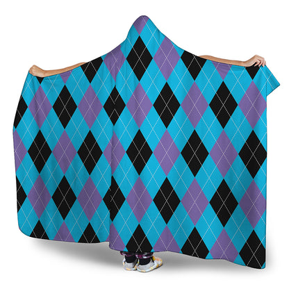 Blue Purple And Black Argyle Print Hooded Blanket