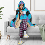 Blue Purple And Black Argyle Print Hooded Blanket