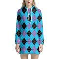 Blue Purple And Black Argyle Print Pullover Hoodie Dress