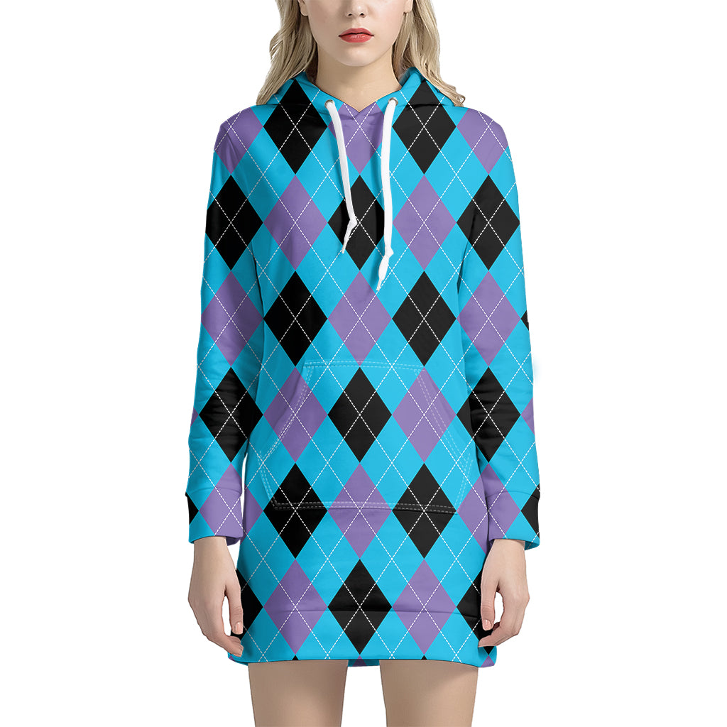 Blue Purple And Black Argyle Print Hoodie Dress