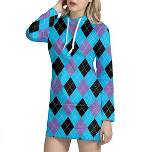 Blue Purple And Black Argyle Print Hoodie Dress