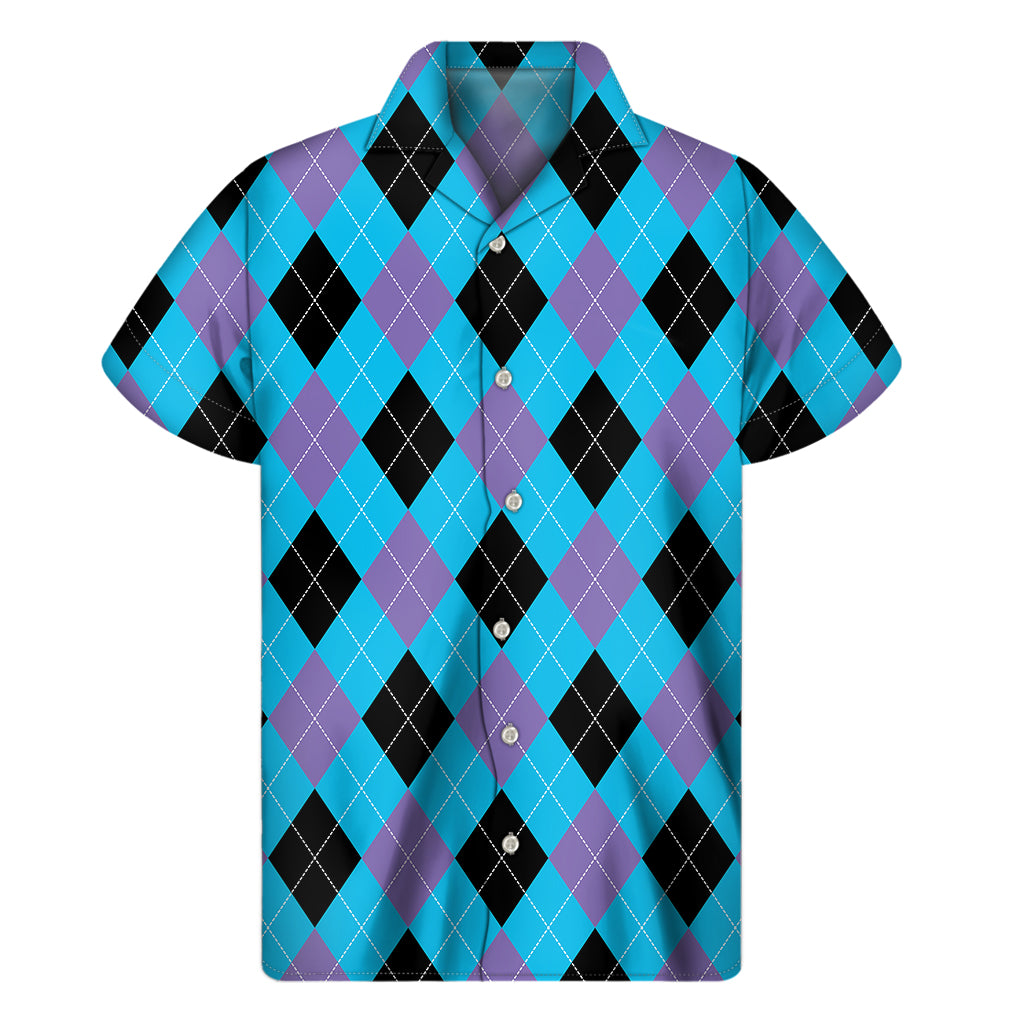 Blue Purple And Black Argyle Print Men's Short Sleeve Shirt