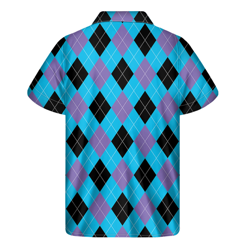 Blue Purple And Black Argyle Print Men's Short Sleeve Shirt