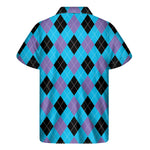 Blue Purple And Black Argyle Print Men's Short Sleeve Shirt