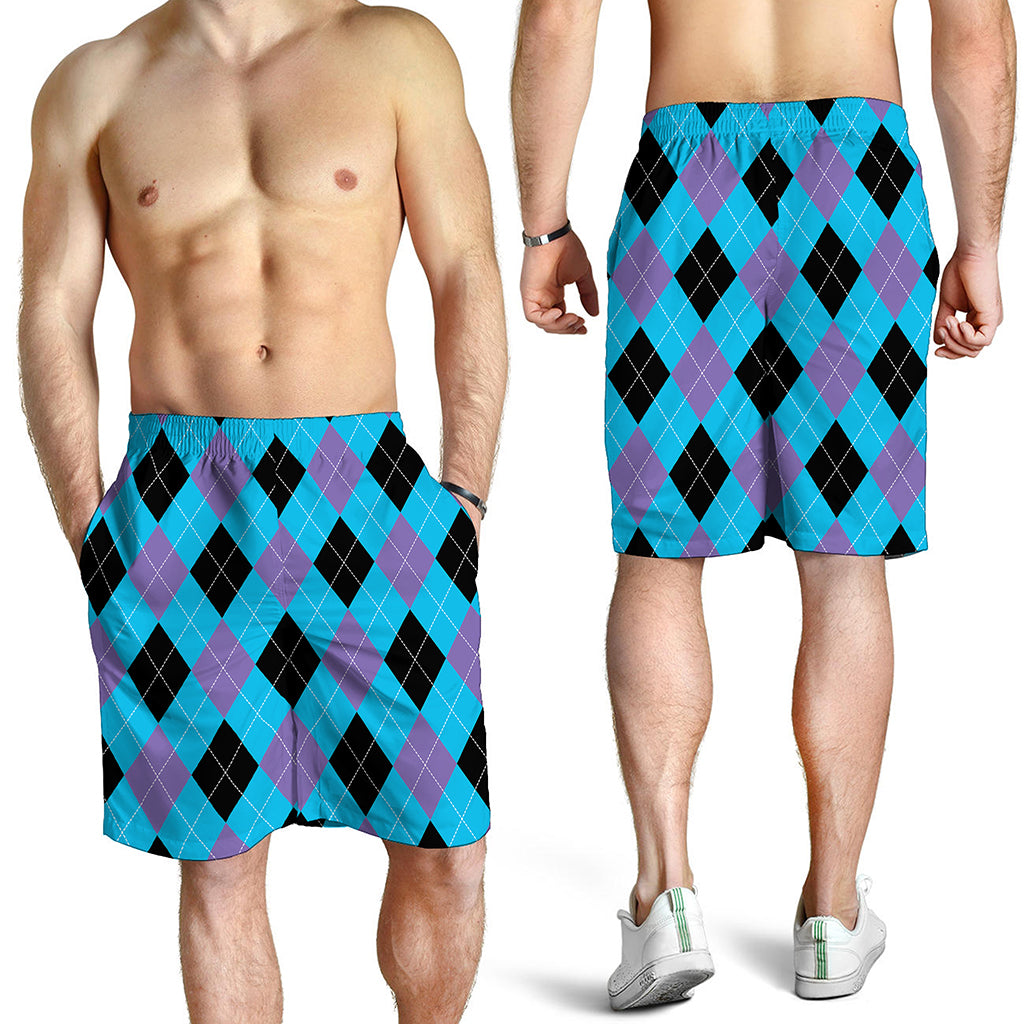 Blue Purple And Black Argyle Print Men's Shorts