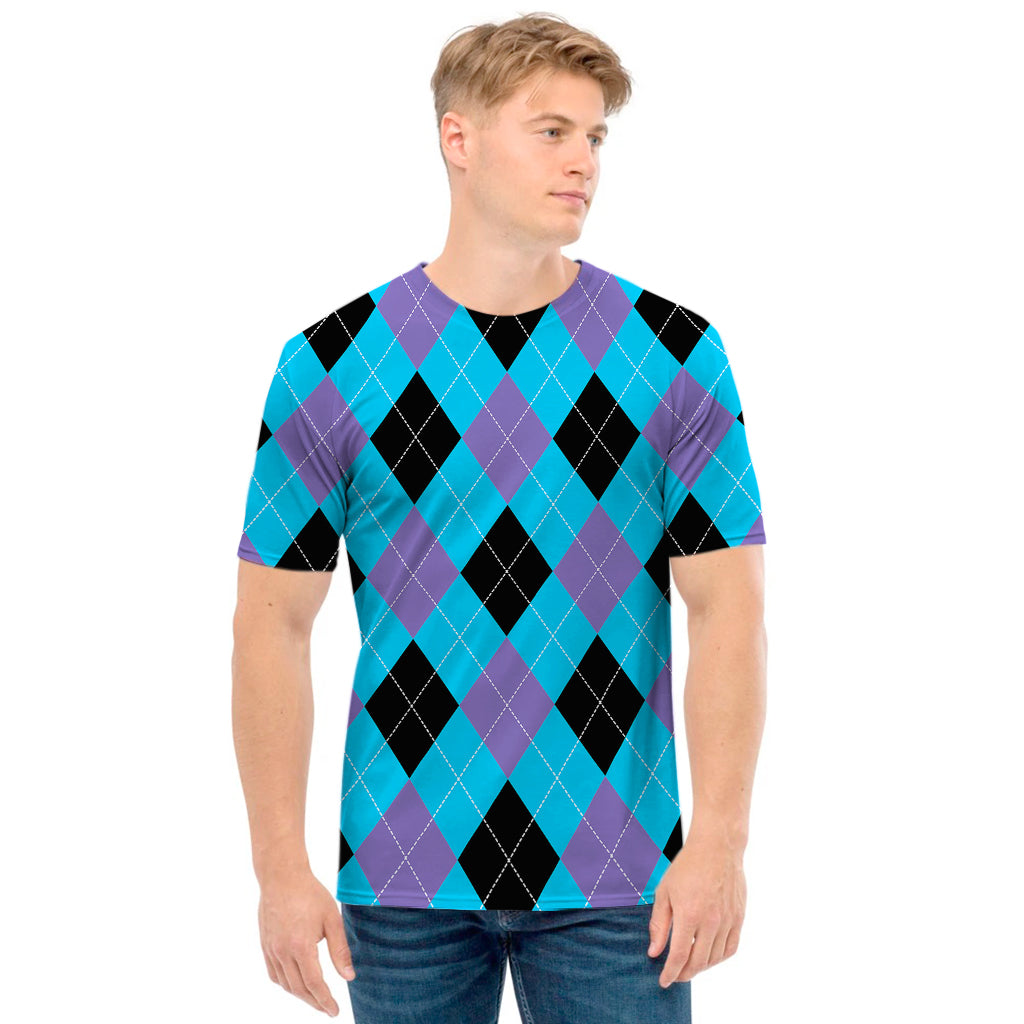 Blue Purple And Black Argyle Print Men's T-Shirt