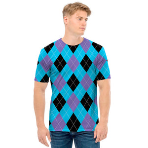 Blue Purple And Black Argyle Print Men's T-Shirt