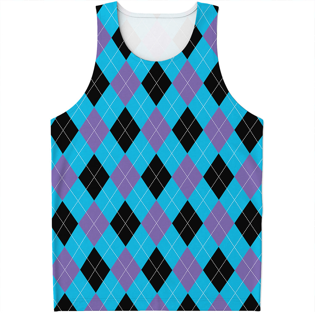 Blue Purple And Black Argyle Print Men's Tank Top