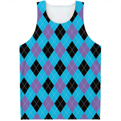 Blue Purple And Black Argyle Print Men's Tank Top