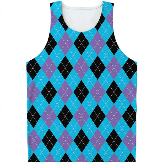 Blue Purple And Black Argyle Print Men's Tank Top
