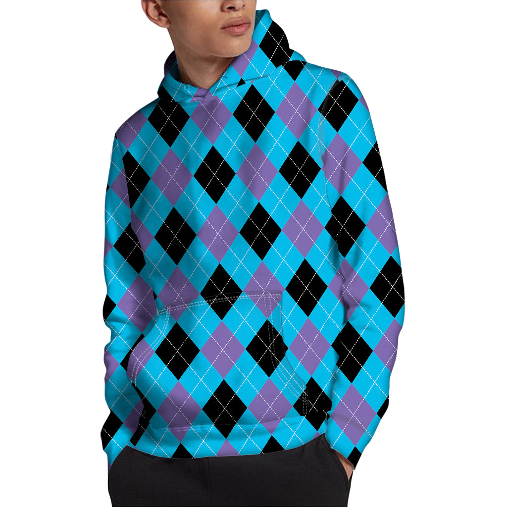 Blue Purple And Black Argyle Print Pullover Hoodie